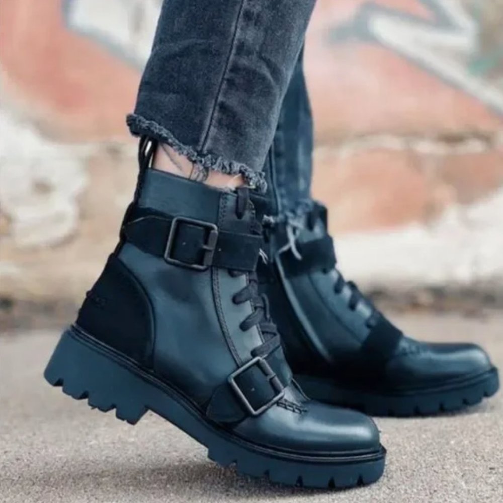UGG Black Noe Leather Moto Lug Sole Buckled Lace-Up Combat Boots